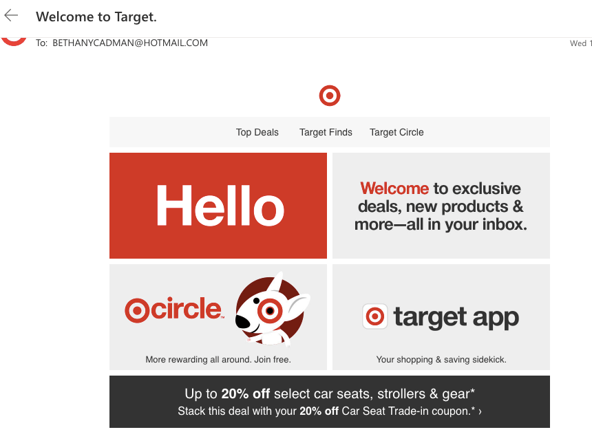 Target welcome email message