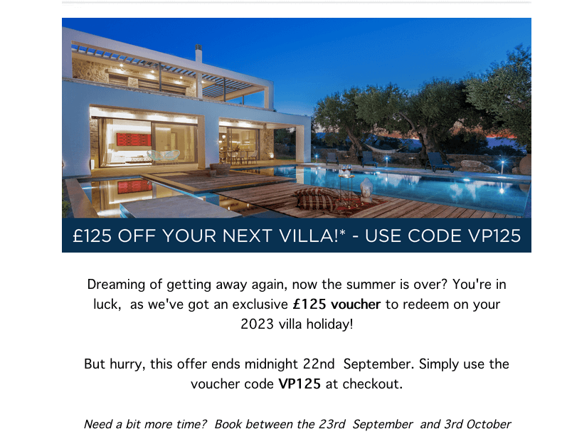 Villa Plus marketing email showing beautiful villa with a pool and a discount code for money off