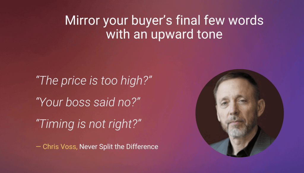 A slide with an image of Chris Voss and a quote about mirroring buyer language
