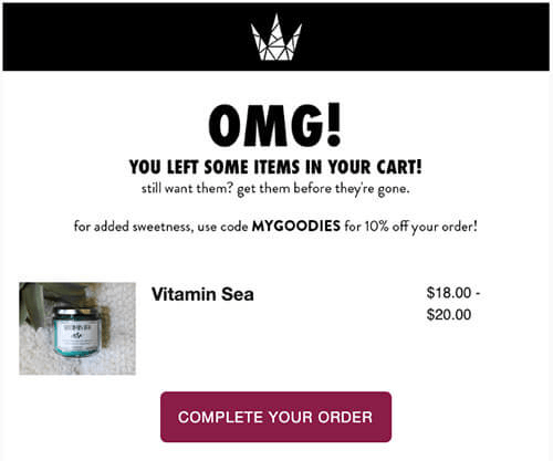 An abandoned cart email listing an item a customer forgot to buy.