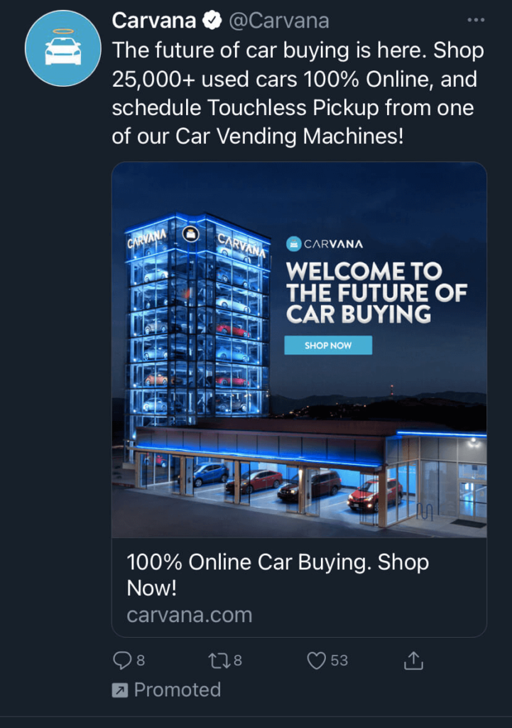 A screenshot of a Carvana ad on Twitter