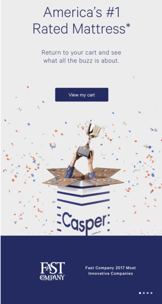A second abandoned cart email from Casper sent 24 hours after the first using awards as social proof