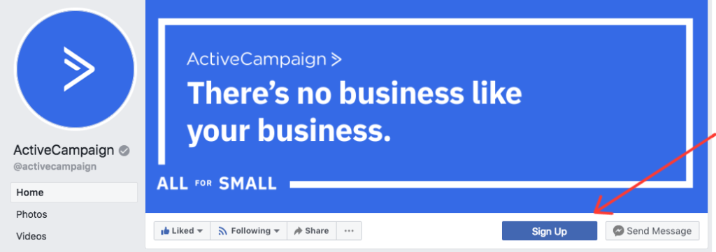 Screenshot of ActiveCampaign's Facebook business page with arrow pointing to sign up button