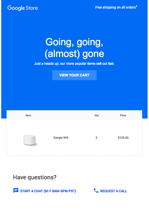 An abandoned cart email from Google Store using scarcity to recover abandoned carts