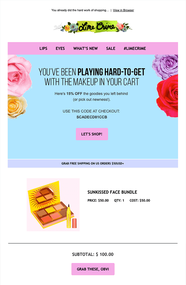An abandoned cart email from Lime Crime.