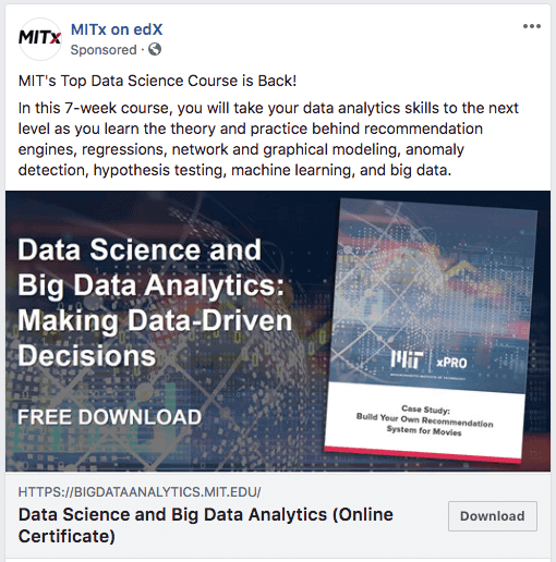 Screenshot of a Facebook ad for data science certificate