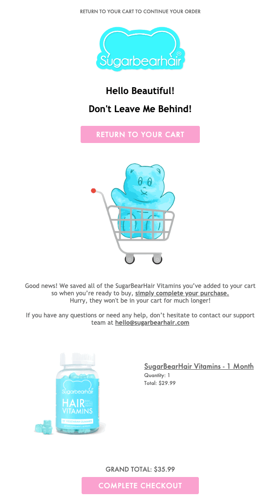 An abandoned cart email from SugarBearHair.
