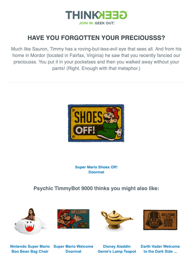 An abandoned cart email from ThinkGeek.