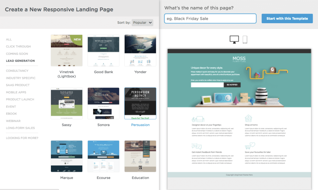 A screenshot of Unbounce's template library with sample landing pages