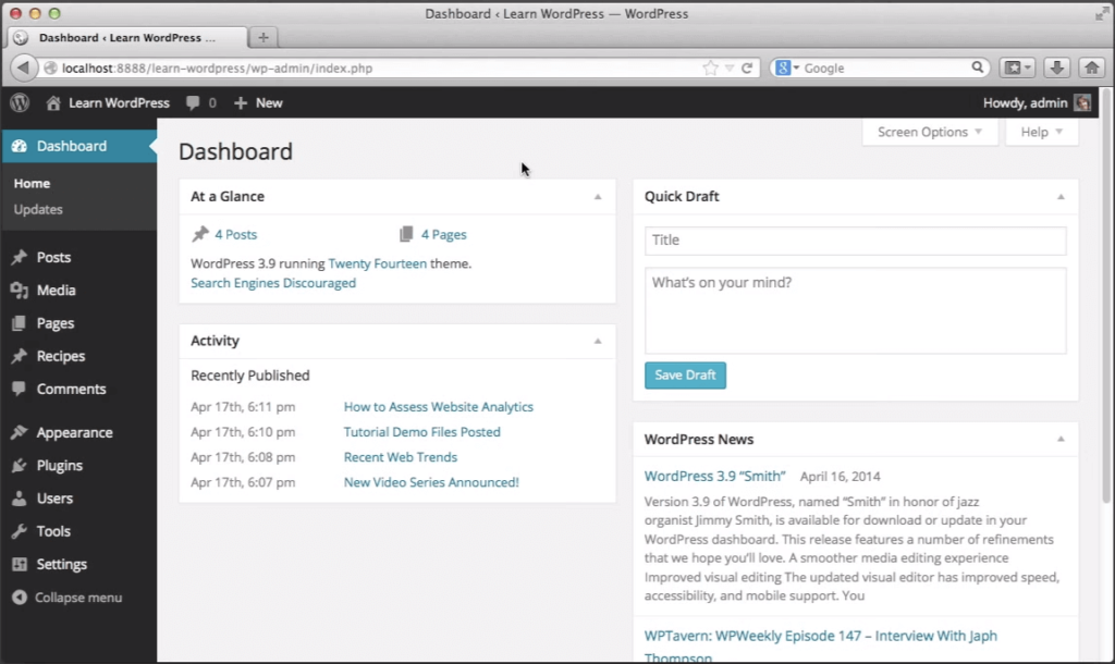 Screenshot of a dashboard in WordPress showing recent activity