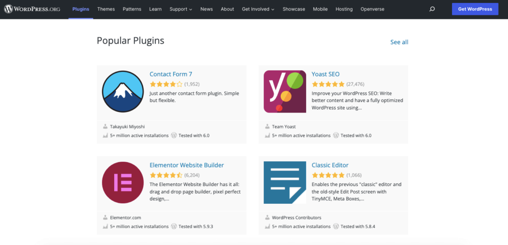 Wordpress page displaying popular plugins