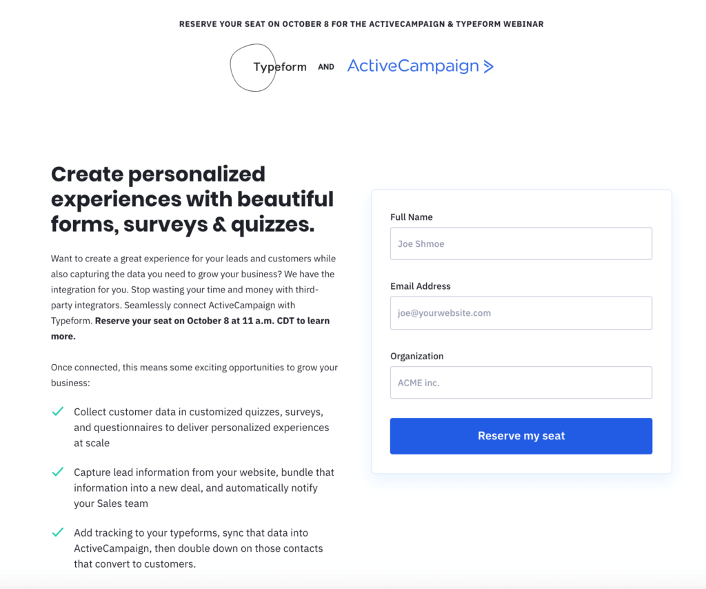 activecampaign and typeform webinar signup landing page