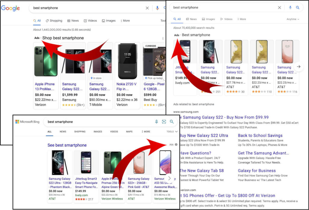 example ads for best smartphone from google bing and yahoo