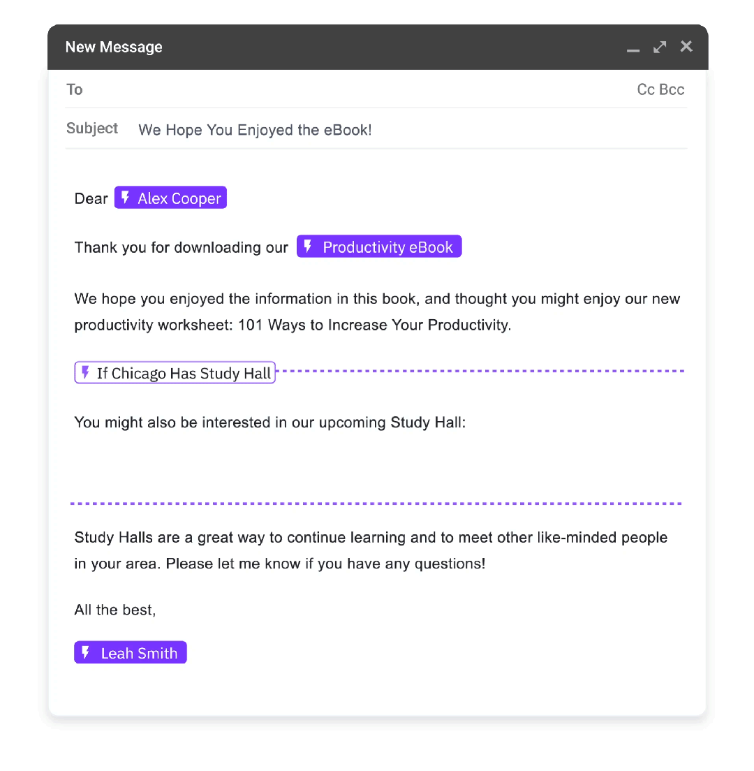 ActiveCampaign's personalization feature for writing a message. Source: https://www.activecampaign.com/customer-experience-automation