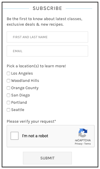 A screenshot of an email opt-in form with a list of cities
