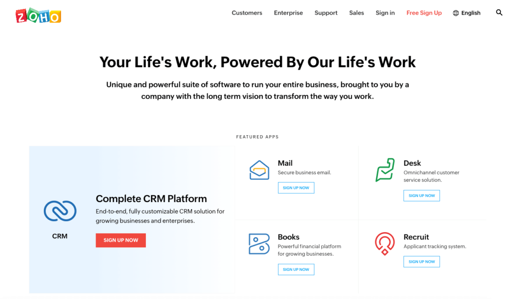 Screenshot of the homepage on Zoho's website