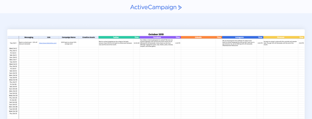 ActiveCampaign social media calendar template