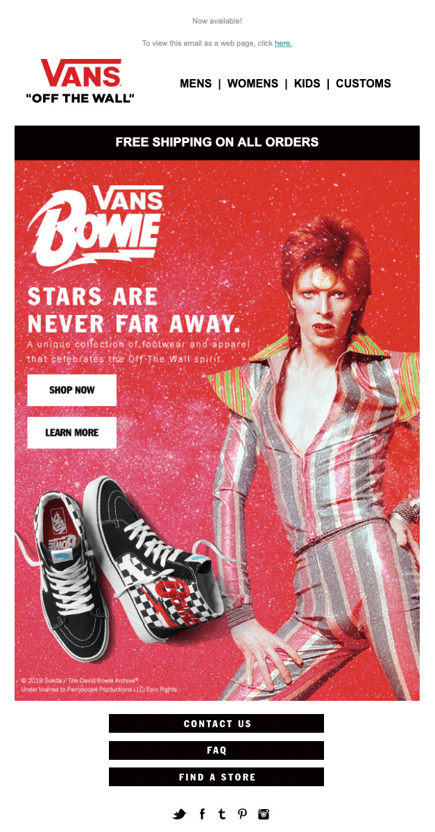 Vans and David Bowie live product launch email