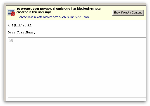 Screenshot of Thunderbird blocking remote content in message with image broken