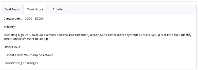 An example of notes in the ActiveCampaign customer relationship manager (CRM) to keep a sales development representative (SDR) organized