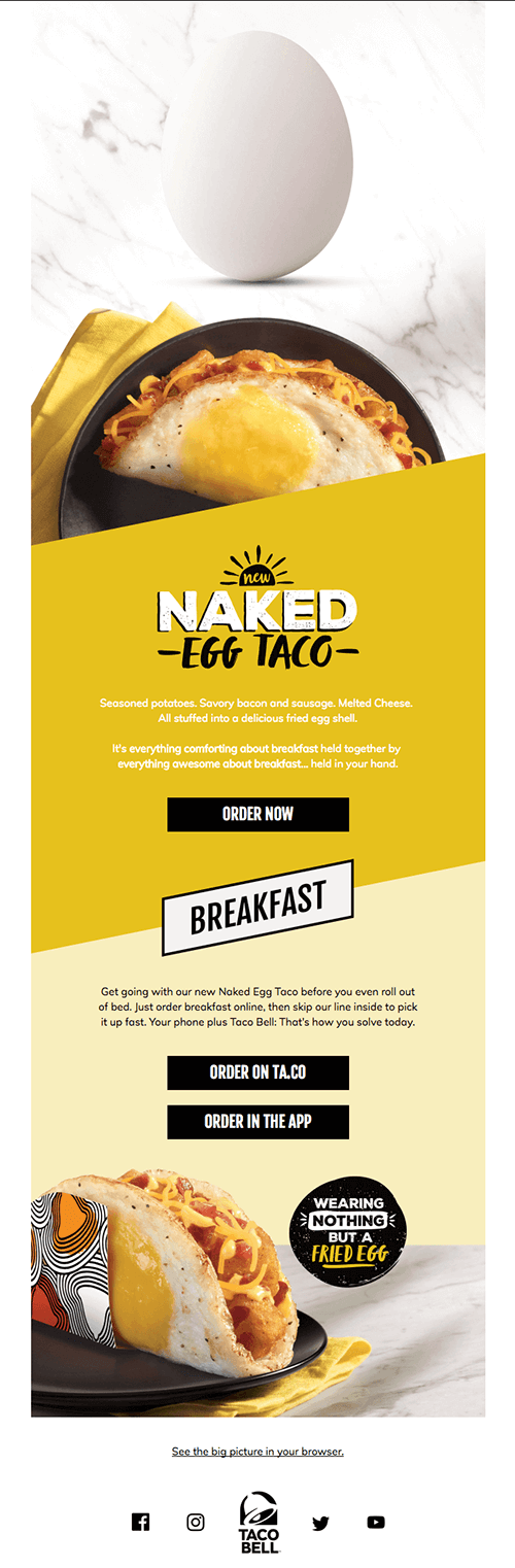 Taco Bell product launch email introducing the Naked Egg Taco