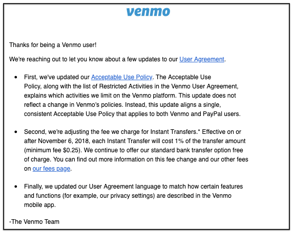 Venmo service update broadcast email
