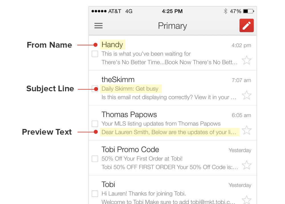 Beispiel für E-Mail-Elemente in Gmail