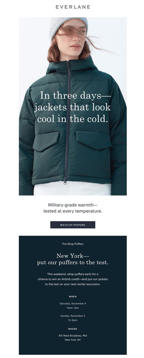 Everlane product launch announcement email demonstrating the effectiveness of waitlists