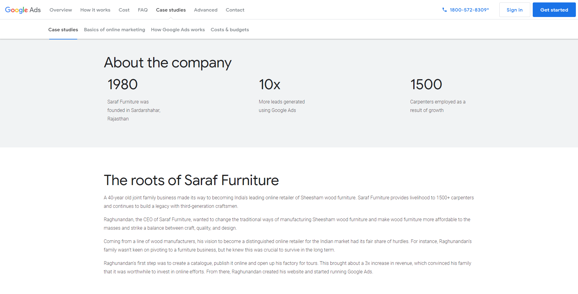 Google Ads case study showing impact for Saraf Furniture