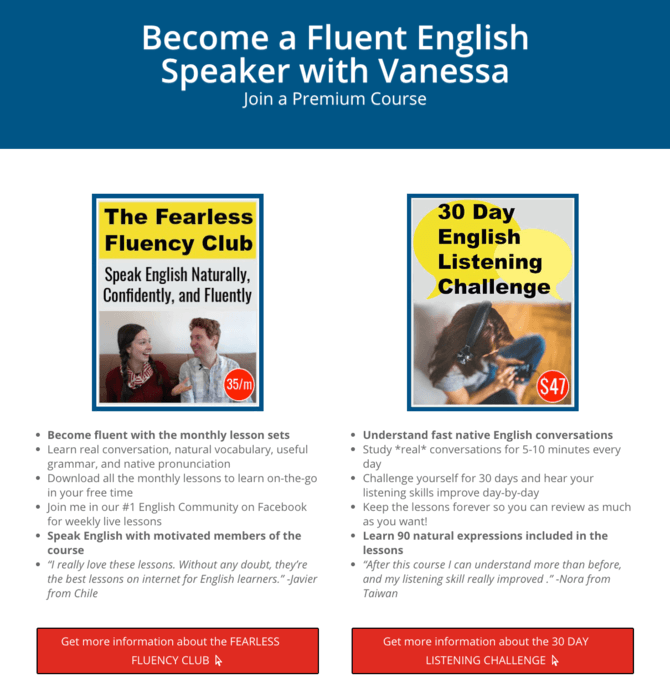 The online English courses Vanessa offers