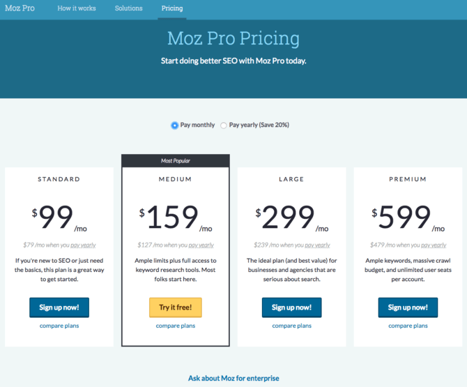 Moz pricing page