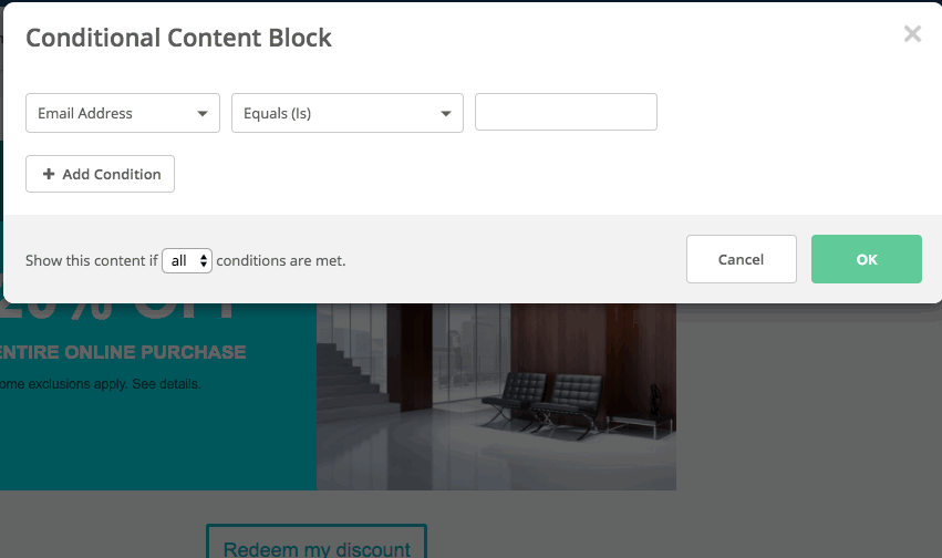 content modal showing dynamic content in emails