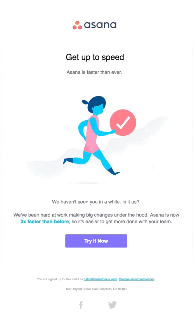 Asana win-back email recognizing their loyal customers with an animated gif