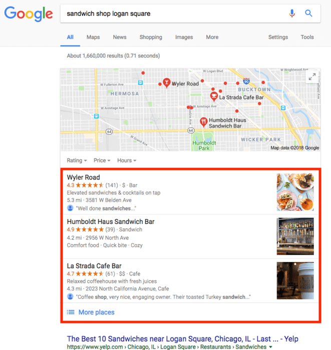 Example image of a Google My Business listing searching for 