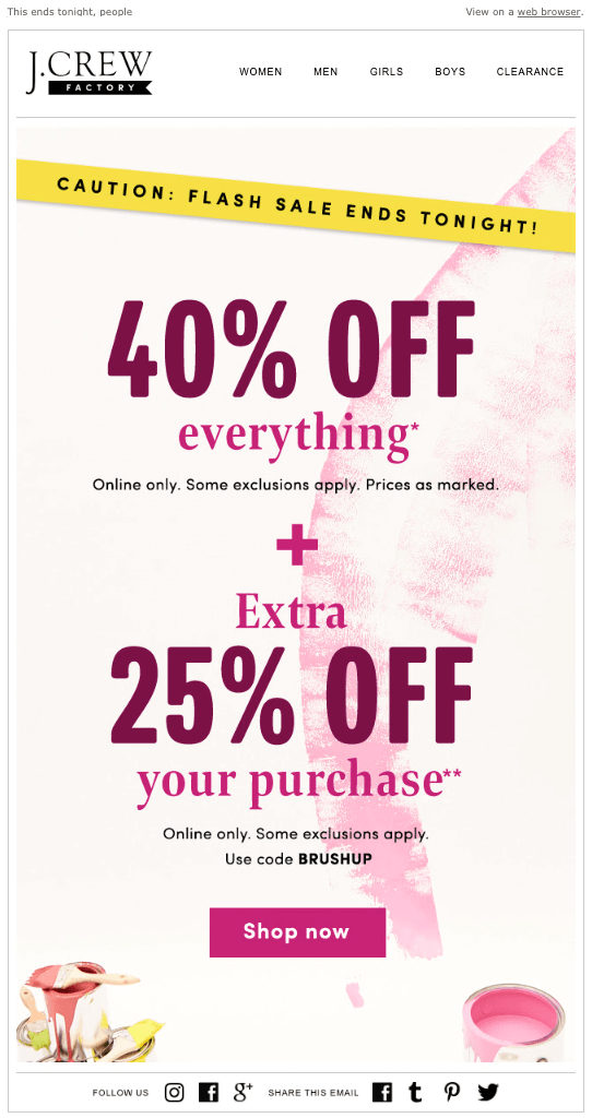 J. Crew Factory sitewide sale broadcast email example