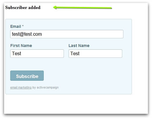 Screenshot of ActiveCampaign subscription form result