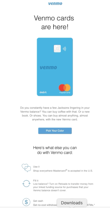 GIF animado por email de Venmo donde se presenta su nueva tarjeta y se explica para qué puede usarse.