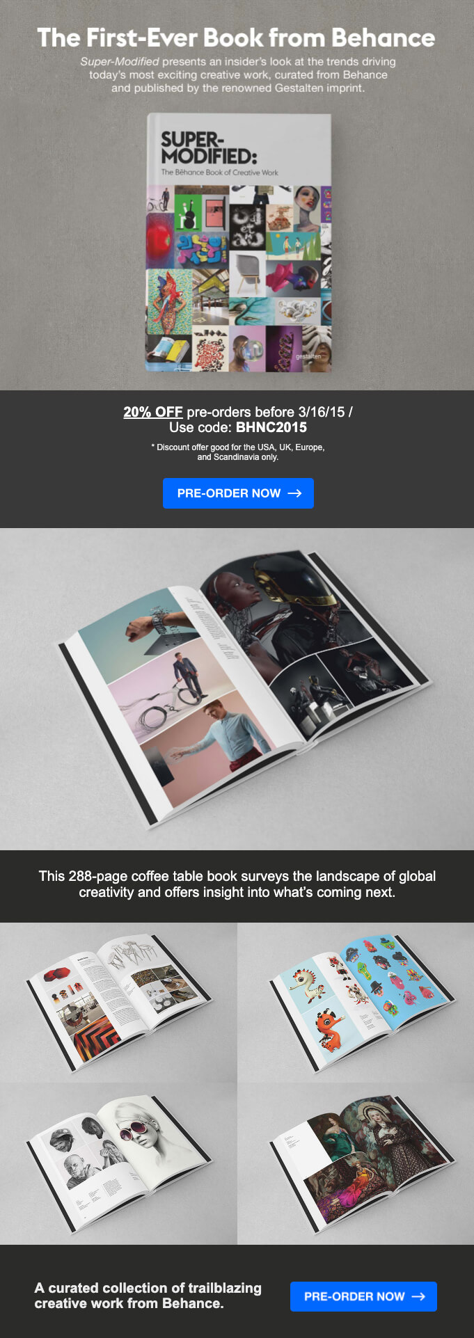 Behance product launch announcement email demonstrating pre-order best practices