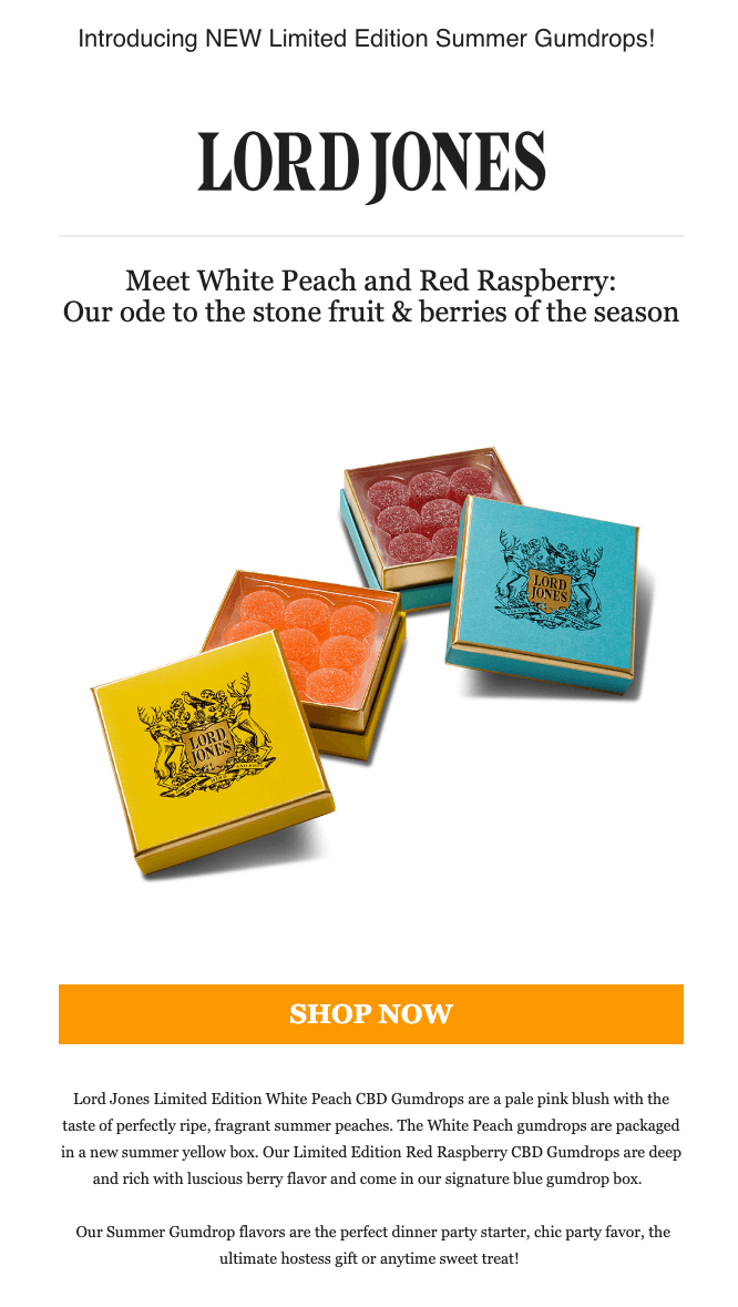 Lord Jones limited edition release email for Summer Gumdrops