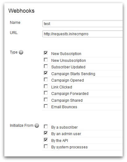 Screenshot of Webhooks page in ActiveCampaign