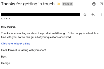 good example of a follow-up email with a link to book time with a sales rep
