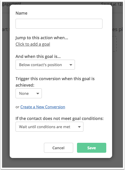 Screenshot of ActiveCampaign's software which allows users to create goals as part of the automation process