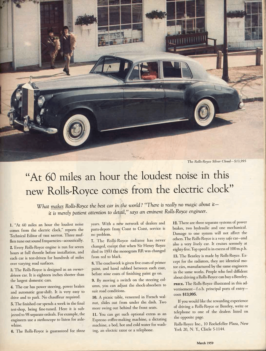 David Ogilvy Rolls-Royce famous advertisement from 1959 stating "At 60 miles an hour the loudest noise in this new Rolls-Royce comes from the electric clock" 