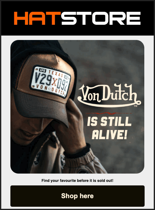 HatStoreWorld Von Dutch hat email newsletter design example