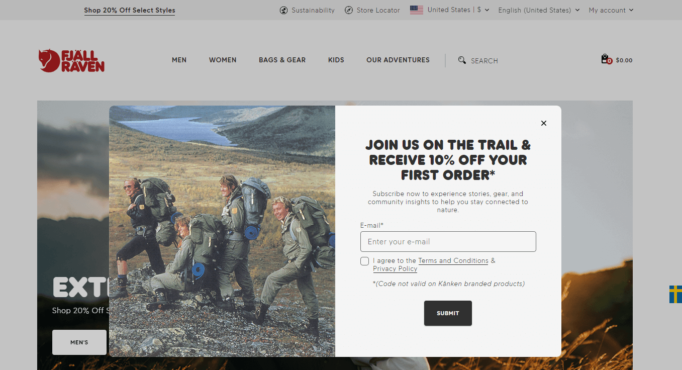 Fjallraven email popup examples