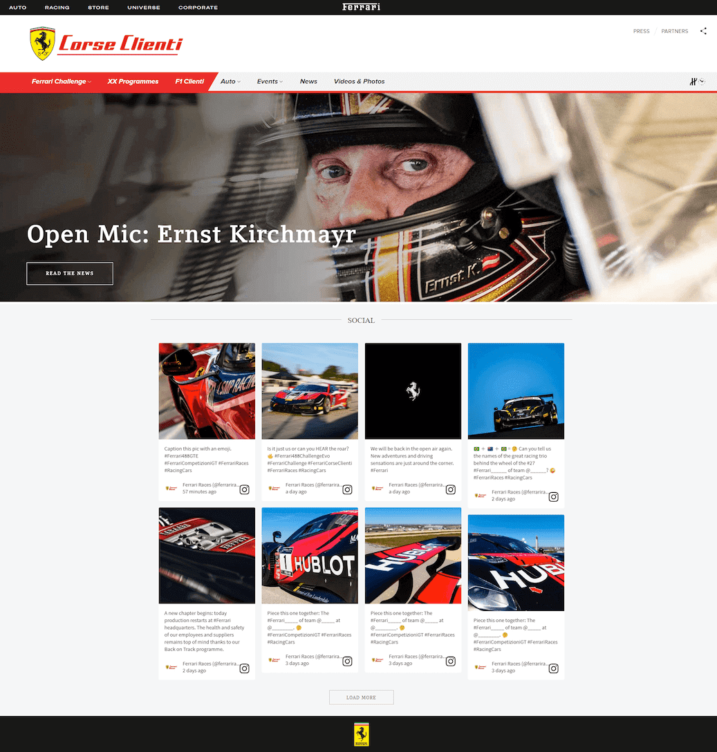 f45ixlf4e ferrari website screenshot automotive social media feed embed