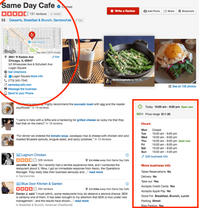 Example of a Yelp local listing for a sandwich shop