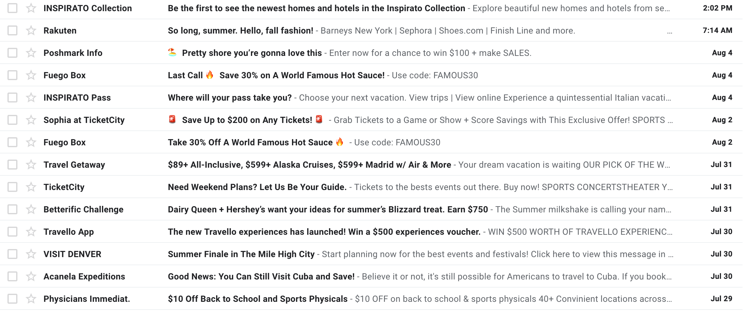 email inbox showing examples of spam emails using spam trigger words