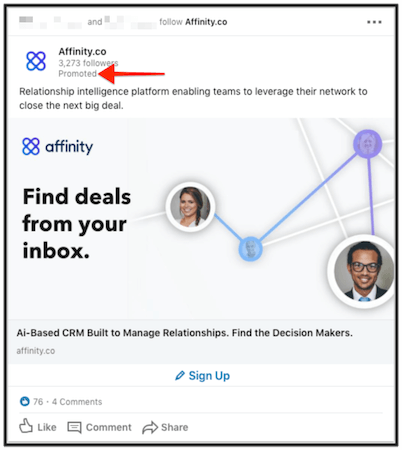 Affinity.co and LinkedIn promoted content example