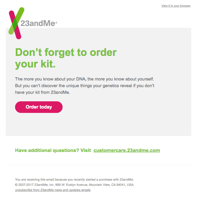 23andMe Abandoned Cart Email